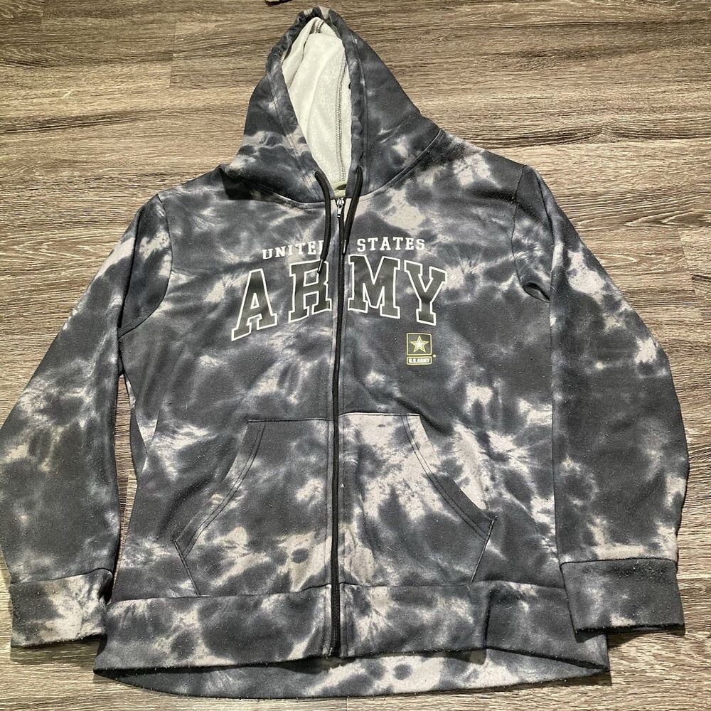 US Army Tie Dye Hoodie Full Zip Mens Size Large Black Gray